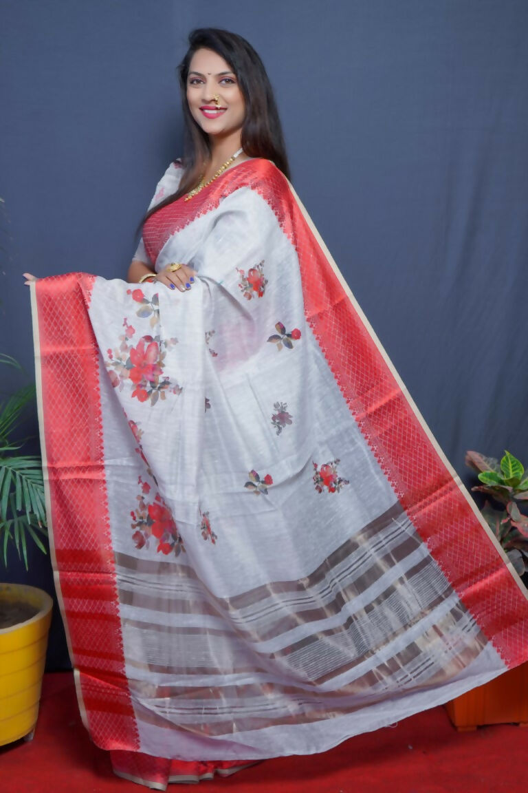 Jyoti Fashion Women's Maroon Linen Silk Digital Print with Jacquard Woven Border Saree with Blouse