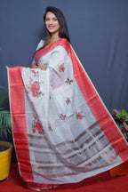 Jyoti Fashion Women's Maroon Linen Silk Digital Print with Jacquard Woven Border Saree with Blouse