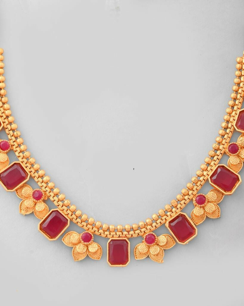 VOJ Gold-Polished Traditional Maroon Stone Studded Jewellery Set