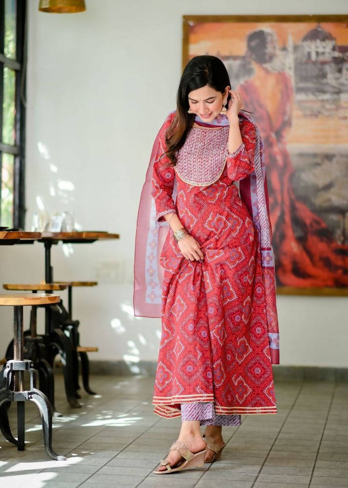 Yufta Women Red Handblock Printed A-Line Kurta & Trouser With Embroidery & Dupatta