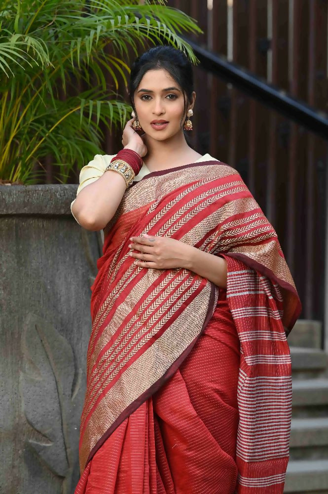 Beatitude Red Cotton Stripes Border Handloom Saree