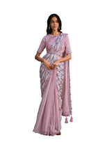 Light Pink Crepe Satin Silk Sequence Embroidered Saree With Stitched Blouse - Mohmanthan La Belle