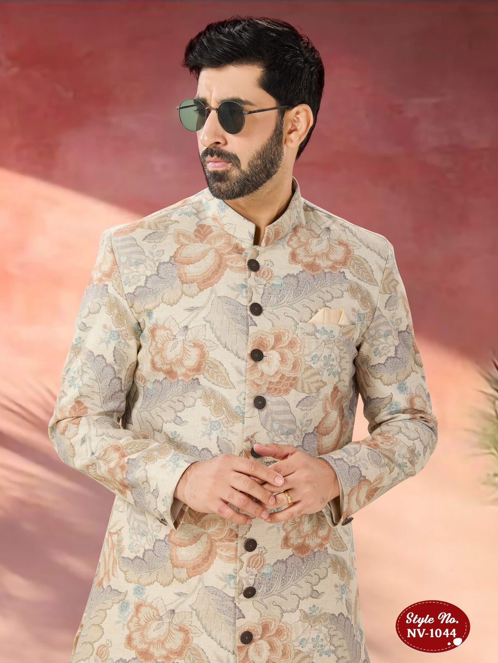 Joban Fashion Men's Beige Base Multi-Colour Straight Swed Velvet Self-Design In Fabric Indo-Western Kurta Set
