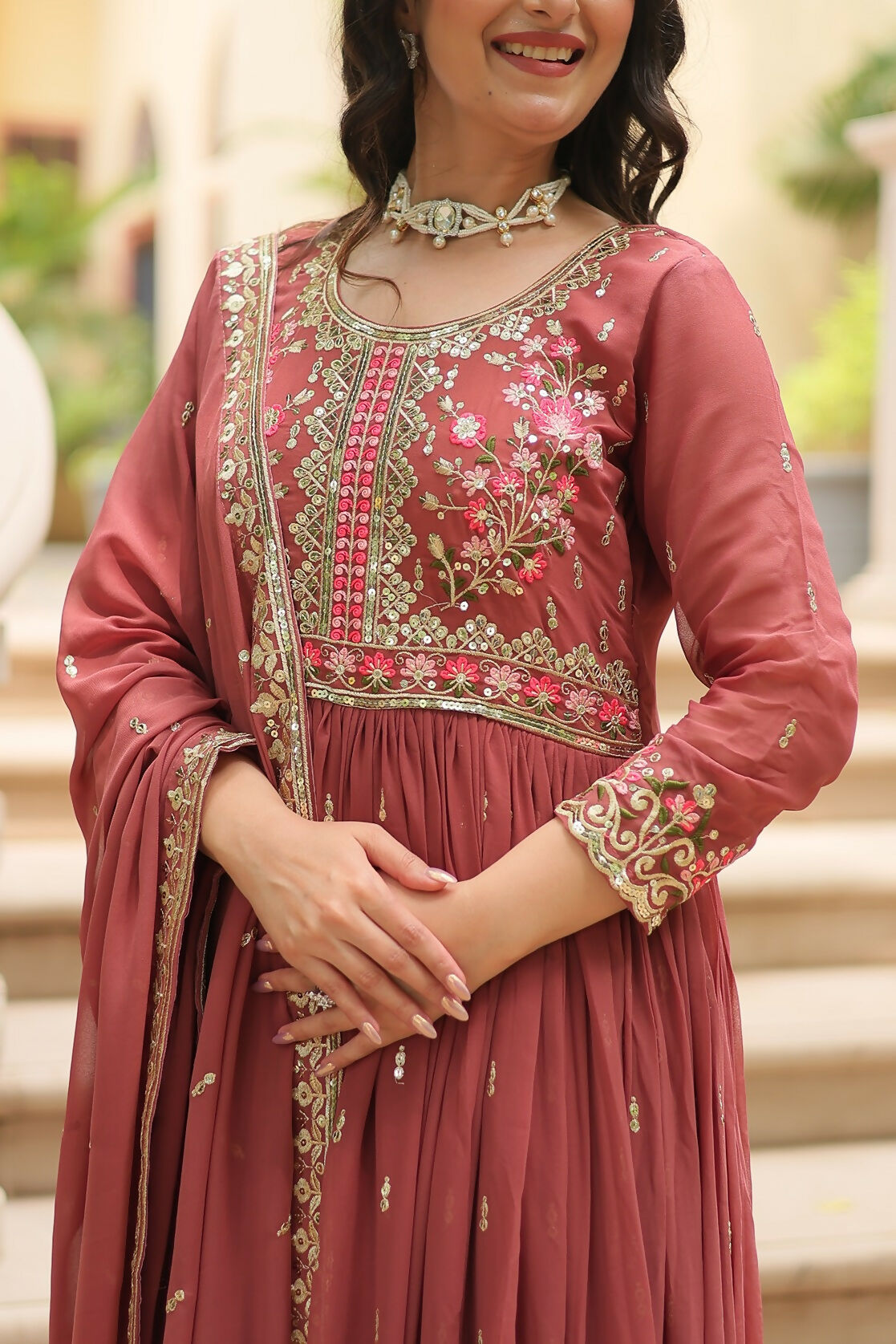 Joban Fashion Coffee Georgette Sequence Embroidery Work Kurta Set - Distacart