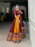 Vastranavya Navaratri Special Rayon with Printed Patch With Gota Patti And Paper Mirror Work And Cowrie (Kodi) Lace Touch Up Lehenga with Stitched Blouse - Mustard