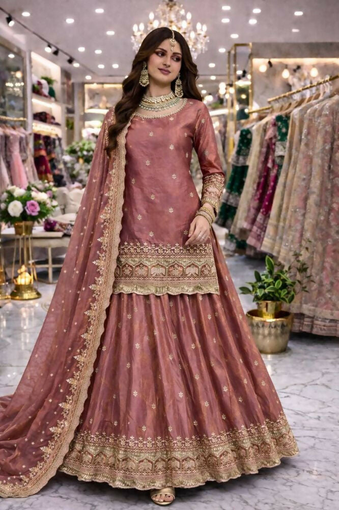 Teeya Creation Onion Color Fendy Satin Heavy Embroidery Work Wedding Wear Stitched Lehenga Choli - Distacart