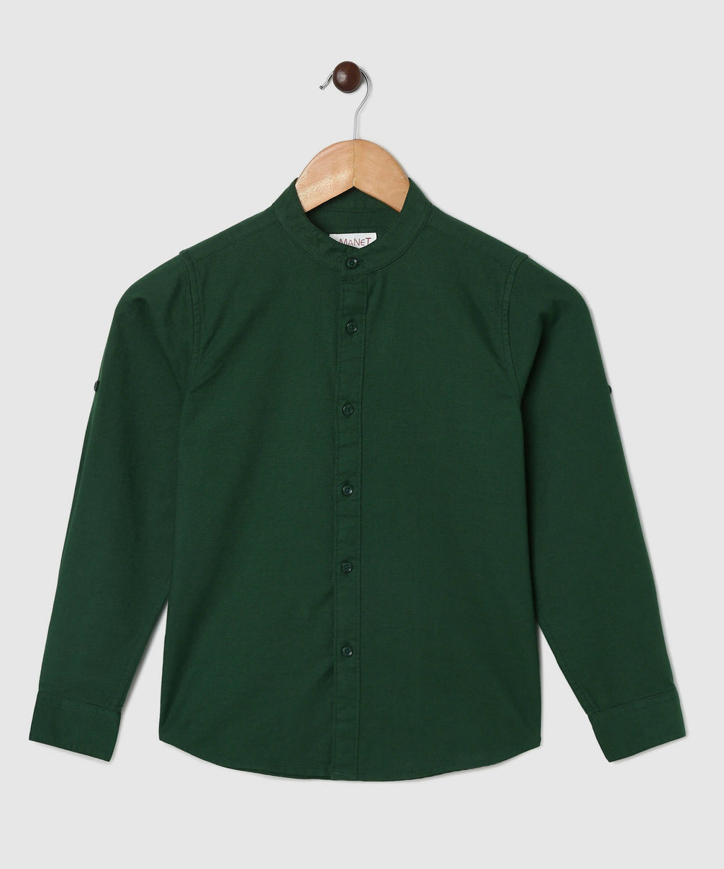 Manet Boys Mandarin Collar Full Sleeves Melange Shirt - Green