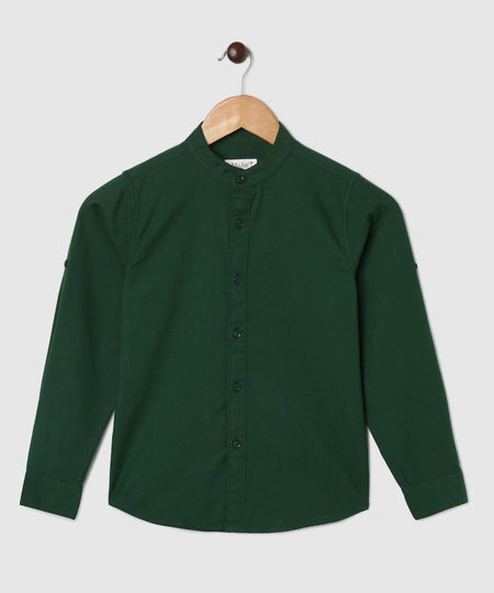 Manet Boys Mandarin Collar Full Sleeves Melange Shirt - Green