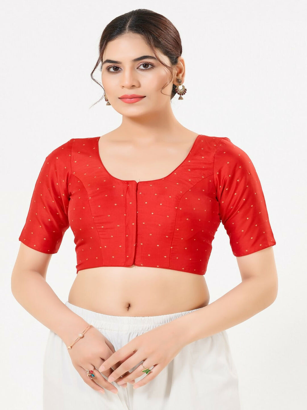 Joban Fashion Red Taffeta Silk Elbow Sleeveless Front Open Blouse