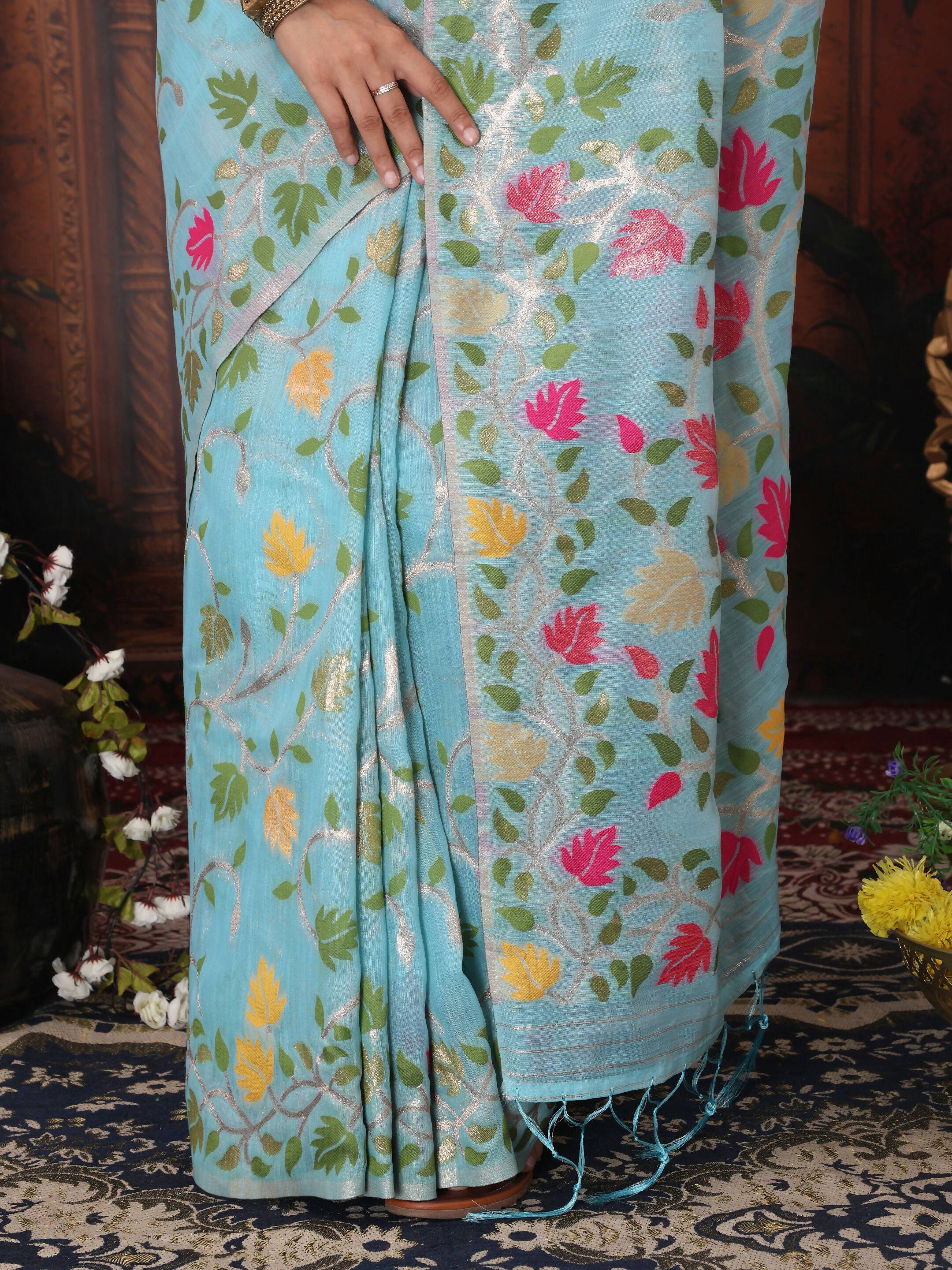 Shree Shyam Fashion Linen Cotton Sky Blue Saree - Distacart