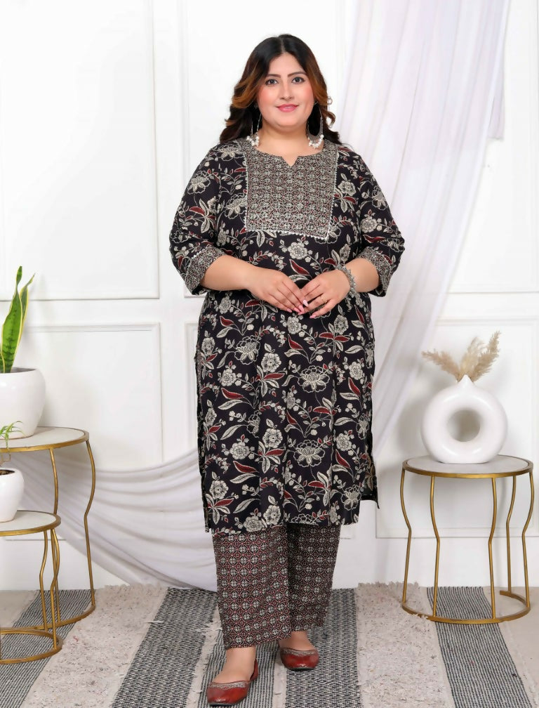 Miravan Women's Plus Size Multi Colour Floral Printed Zari Embroidery Yoke Design Kurta with Palazzo