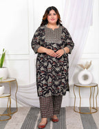 Miravan Women's Plus Size Multi Colour Floral Printed Zari Embroidery Yoke Design Kurta with Palazzo