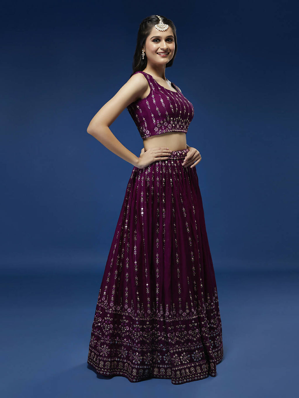 House of Panchhi Women Burgundy Pure Georgette Sequinse Embroidered Lehenga & Blouse, Dupatta