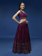 House of Panchhi Women Burgundy Pure Georgette Sequinse Embroidered Lehenga & Blouse, Dupatta