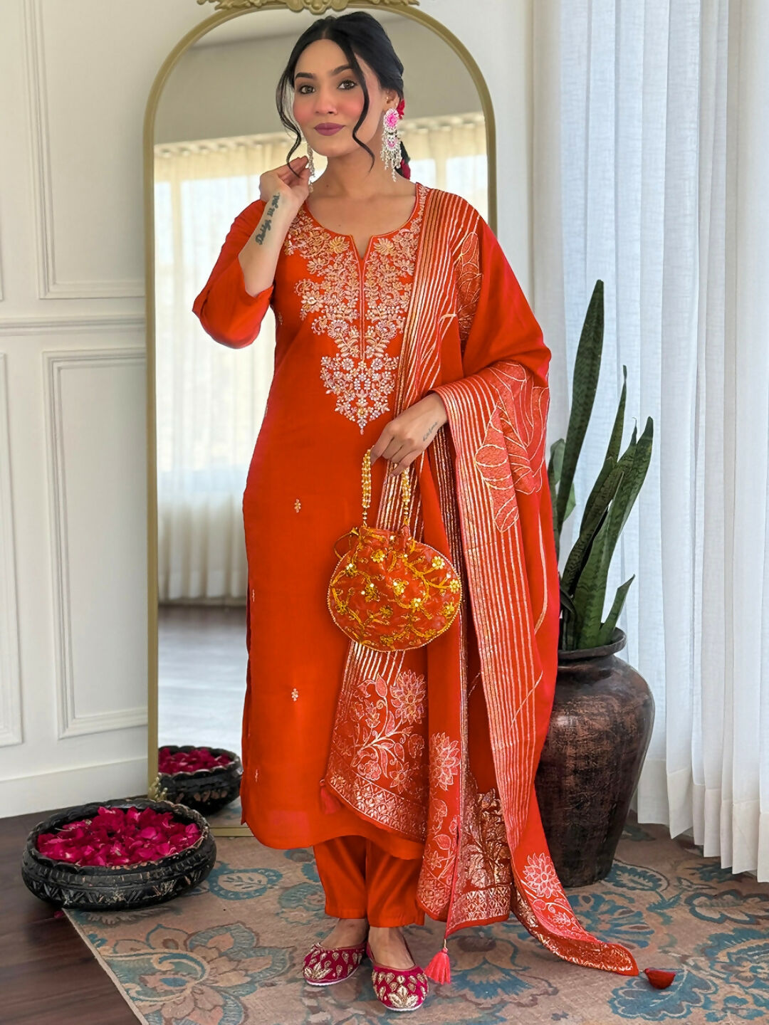 The52 Rust Women's Gorgeous Roman Silk Fabric Straight Kurta, Pant and Dupatta Set - Distacart