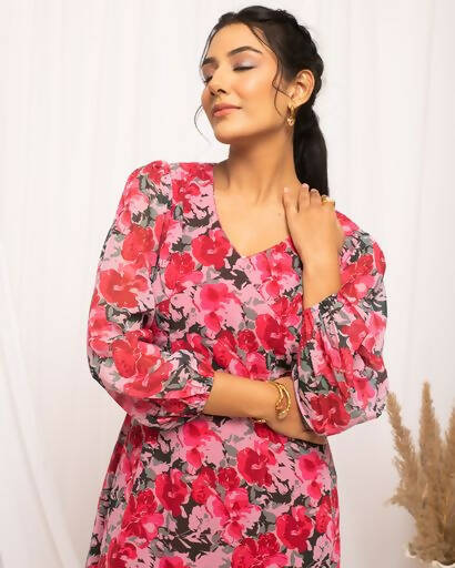 FIORRA Women's Red & Pink Georgette Floral Printed Western Dress - Distacart