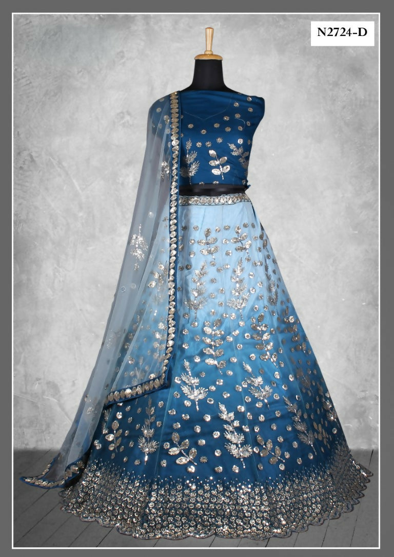 Teal Net Thread With Sequence Work Lahenga Choli - Nimaya Ishani