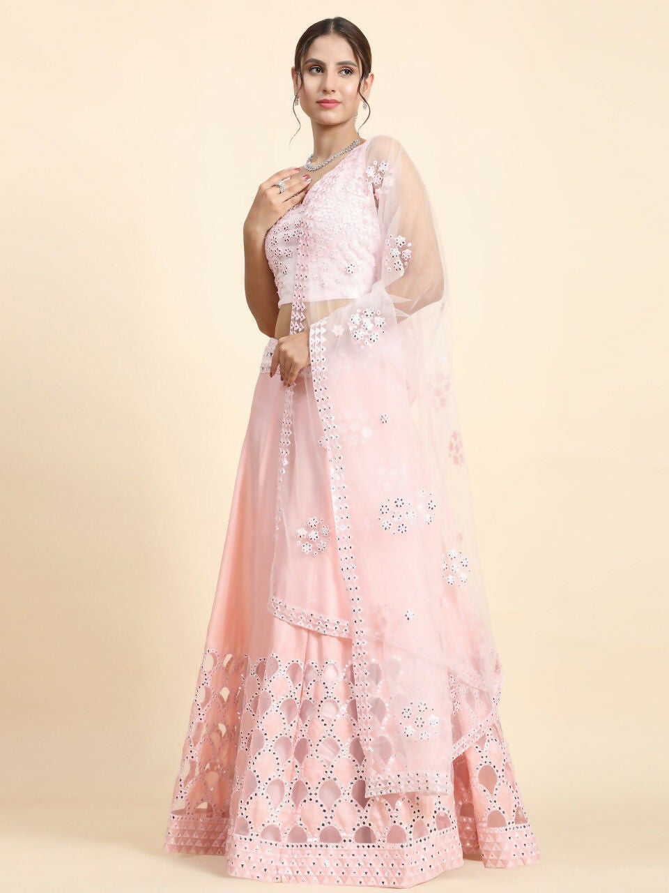 Jyoti Fashion Dreamy Baby Pink Silk Thread with Paper Mirror & Cut work Lehenga Choli with Dupatta