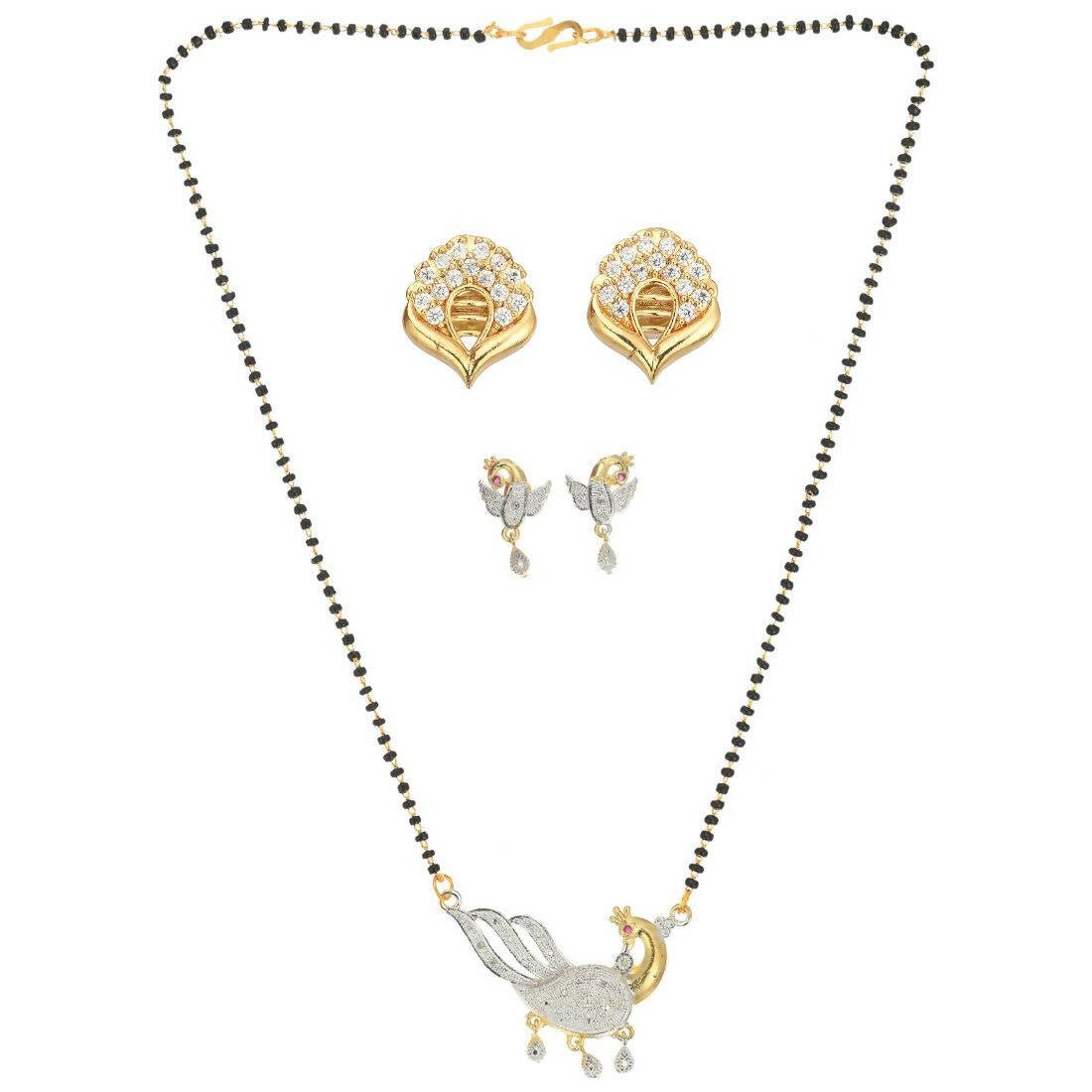 AanyaCentric Gold-Polished Mangalsutra with Pendant, 2 Pair Earrings