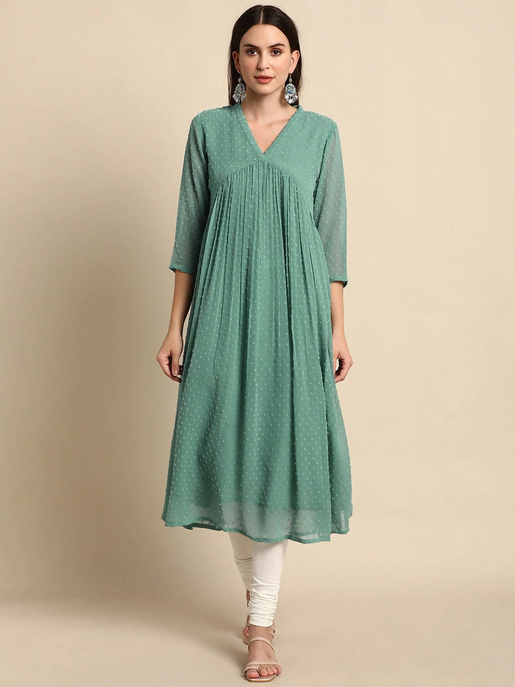 Janasya Green Solid Dobby Weave Kurta - Distacart