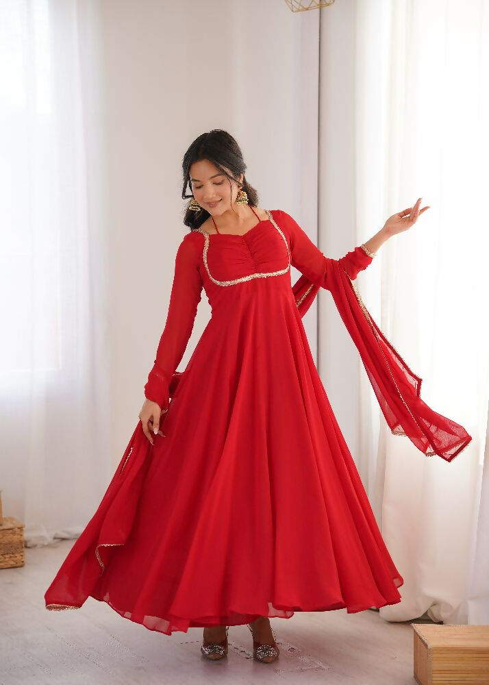 Teeya Creation Red Faux Georgette Designer Party Wear Long Gown - Distacart