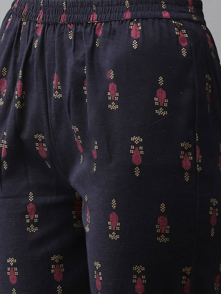 Yufta Women Navy Blue Ethnic Motifs Printed Regular Thread Work Kurta with Palazzo & With Dupatta