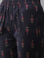 Yufta Women Navy Blue Ethnic Motifs Printed Regular Thread Work Kurta with Palazzo & With Dupatta