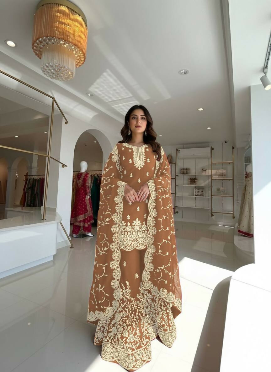 Teeya Creation Peach Pure Silk Gimmy Silk Heavy Embroidery Work Wedding Wear Palazzo Pair - Distacart