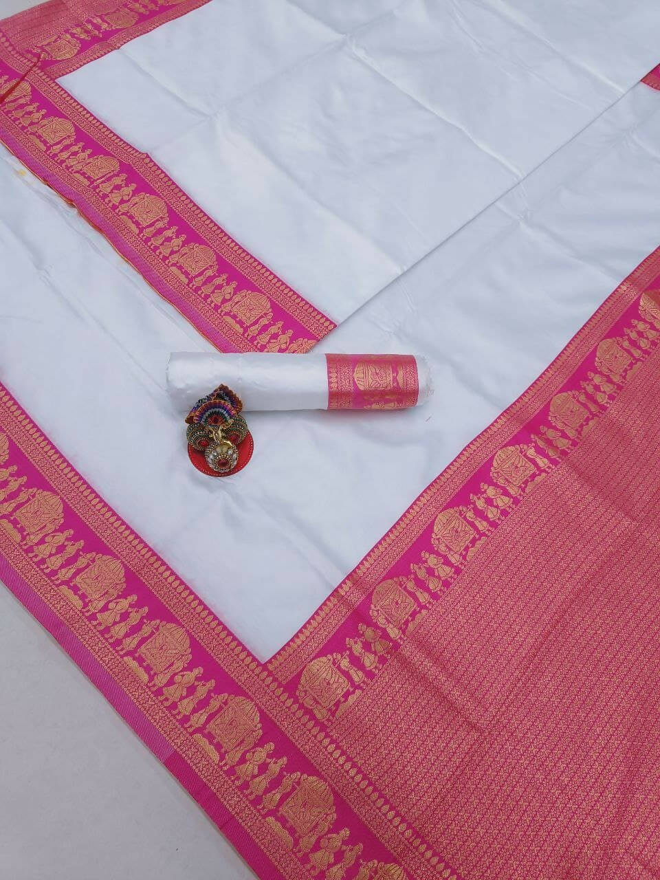 DEIANA'S Beautiful Designer Golden zari Soft Lichi Silk Saree - White