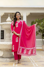 The52 Women's Beautiful Rayon Fabric Printed Work Straight Kurta Pant and Dupatta Set - Distacart