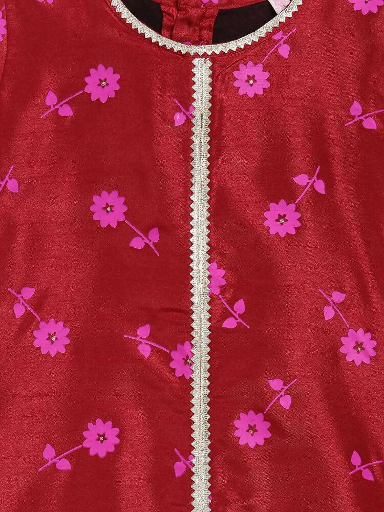 Ahalyaa Red Poly Silk Straight Printed Kids Kurta Palazzo Set For Girls