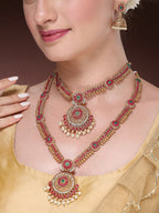 NVR Women's Set Of 2 Green & Red Stone Studded & Beaded Gold-Polished Temple Jewellery Set