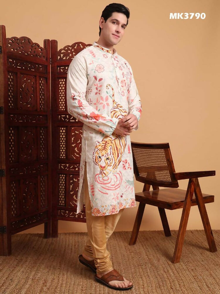Off White Cotton Printed Chikankari Embroidery Work Kurta - Mahotsav