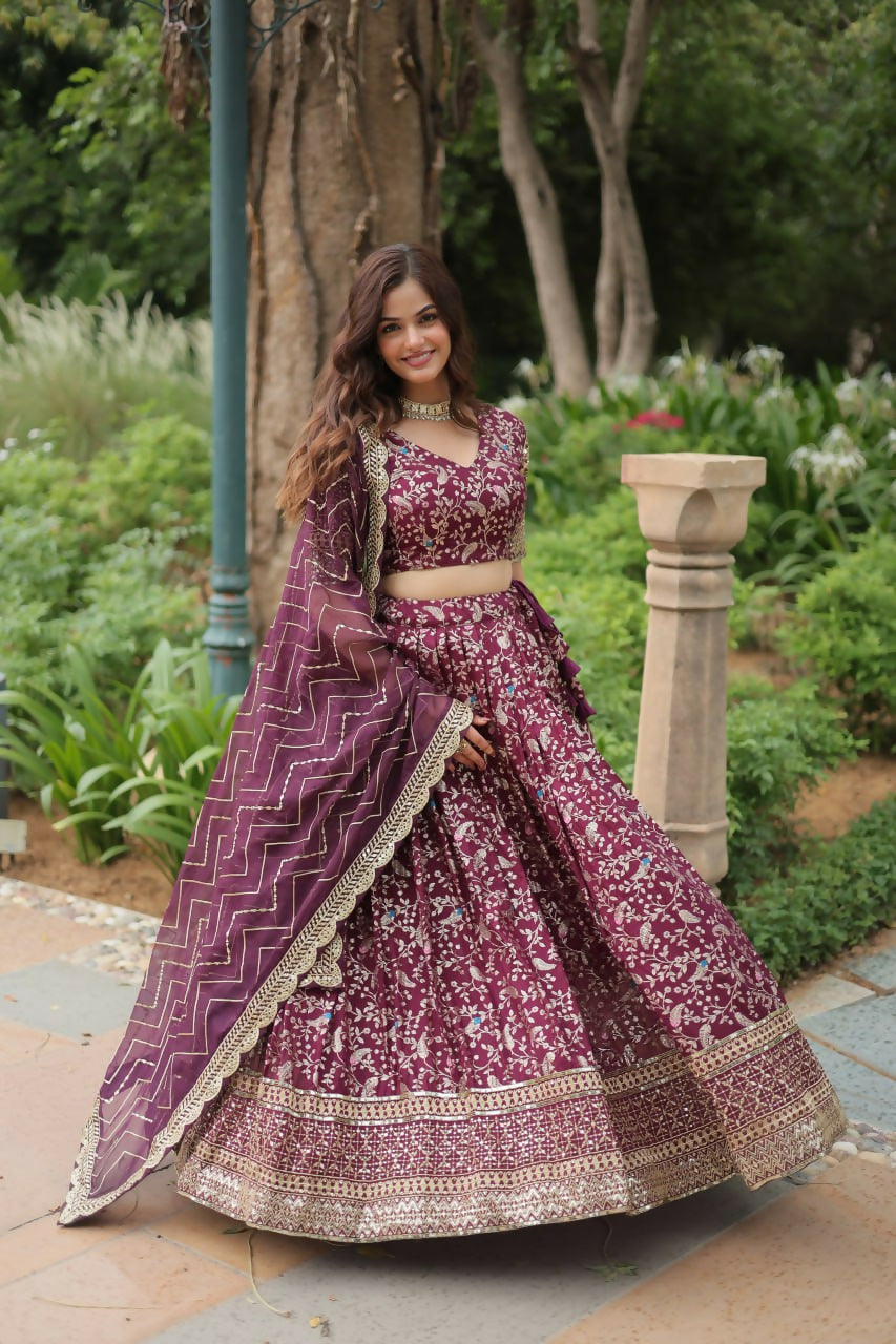 Lorenvalley Wine Pure Viscose Jacquard with Golden Embroidered Sequins work Lehenga Choli