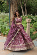 Lorenvalley Wine Pure Viscose Jacquard with Golden Embroidered Sequins work Lehenga Choli