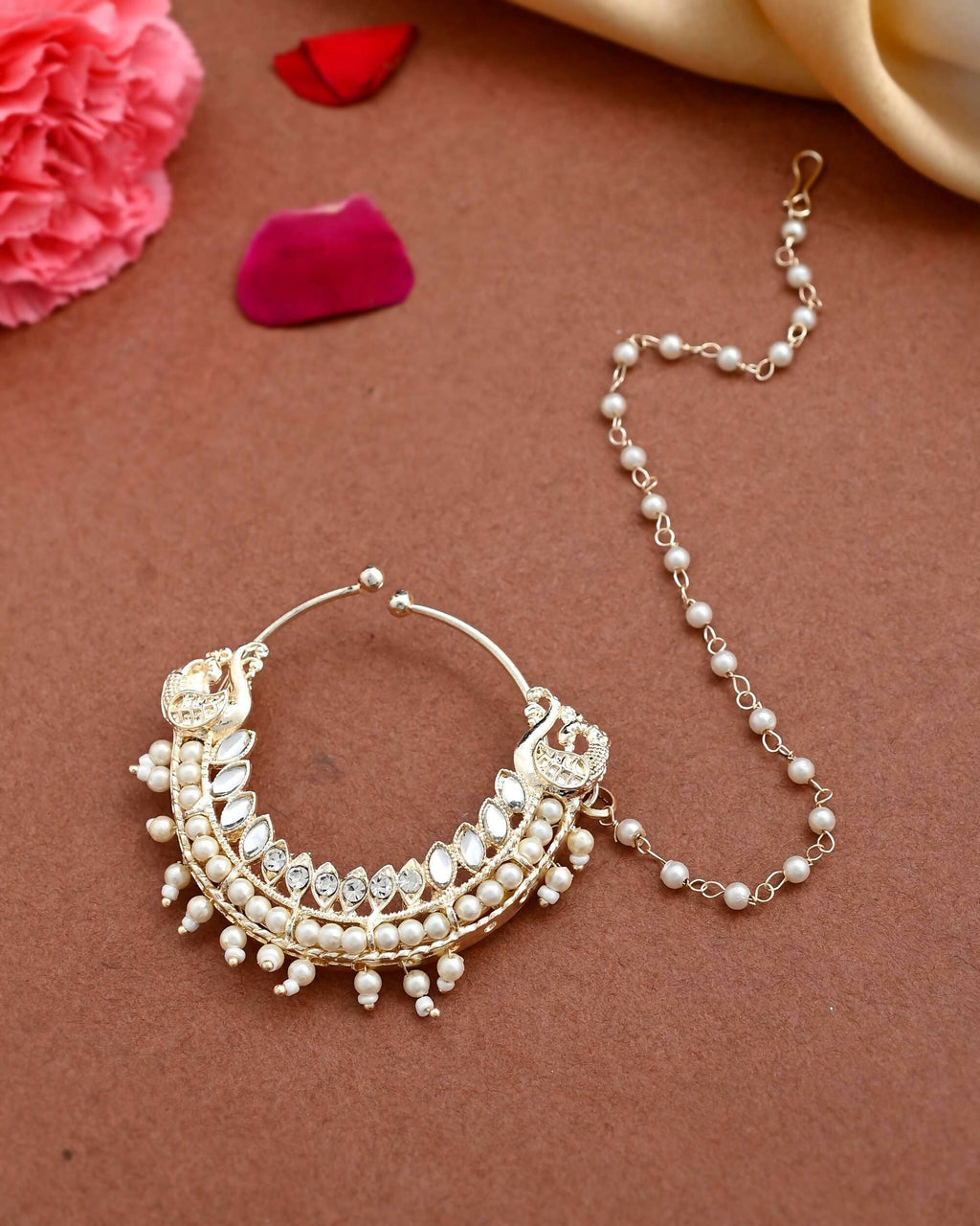 VOJ Gold-Polished With Pearl Indian Nose Pin
