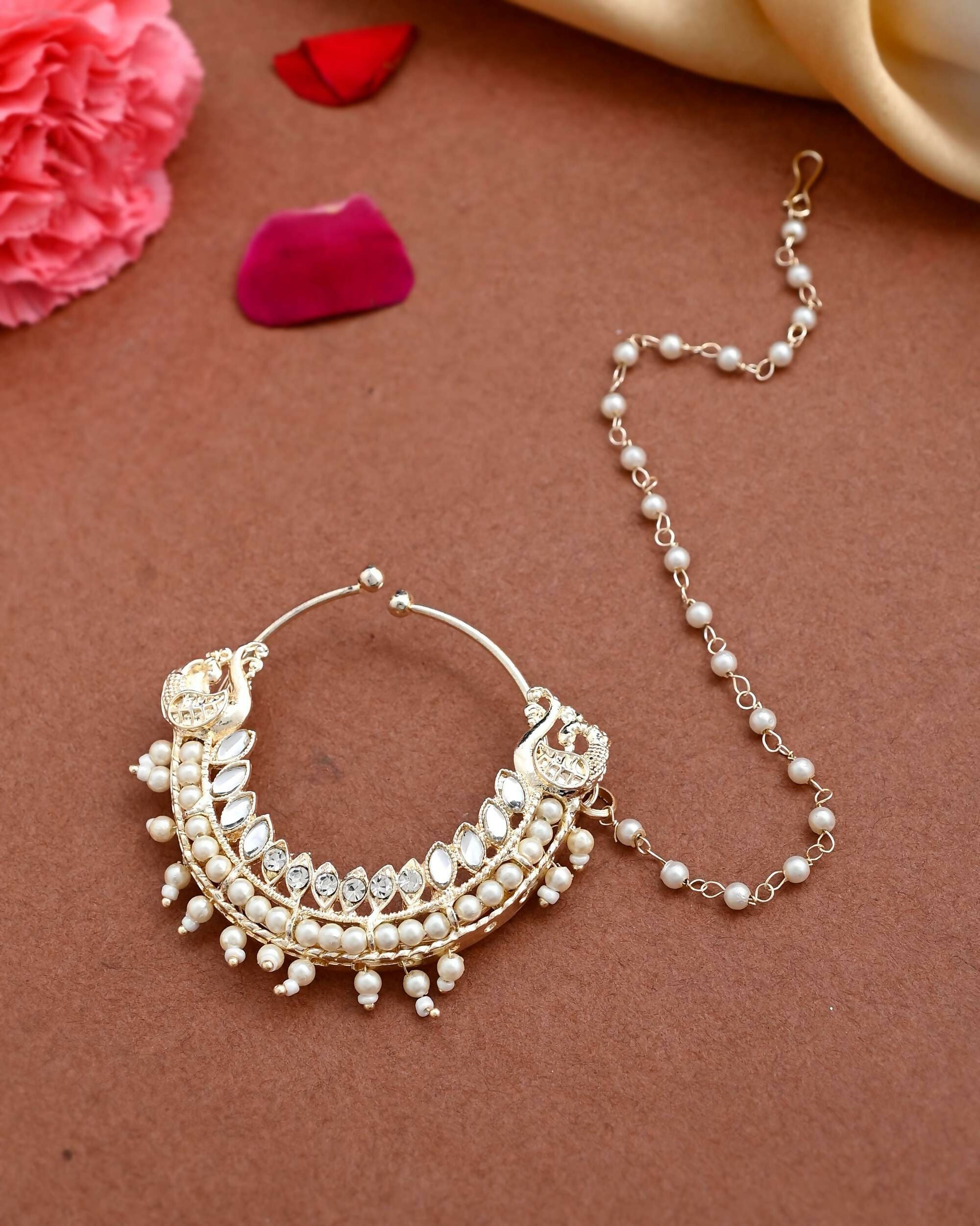 VOJ Gold-Polished With Pearl Indian Nose Pin