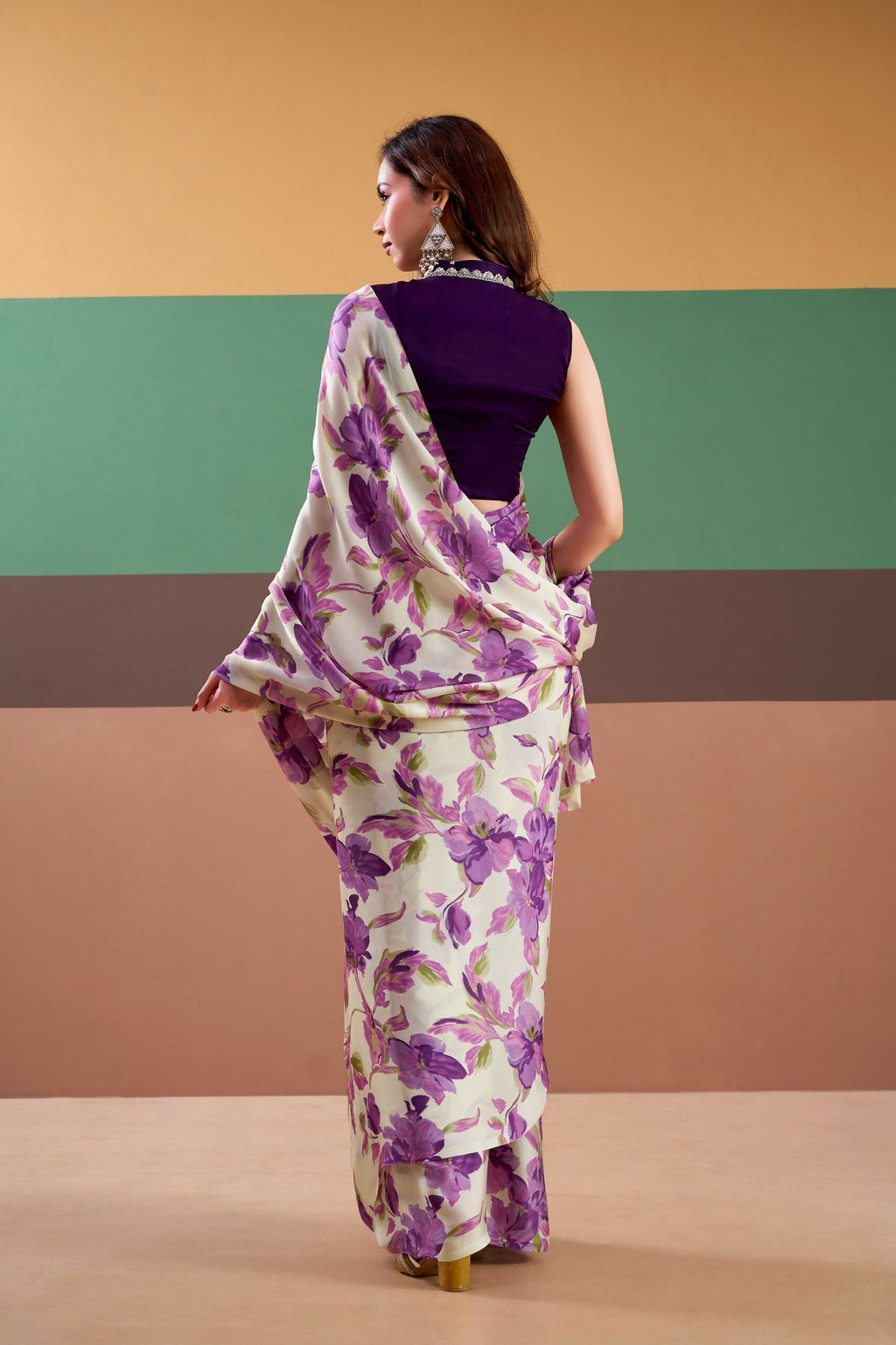Vastranavya Purple Satin Silk Floral Printed Saree with Stitched Blouse - Distacart