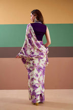 Vastranavya Purple Satin Silk Floral Printed Saree with Stitched Blouse - Distacart