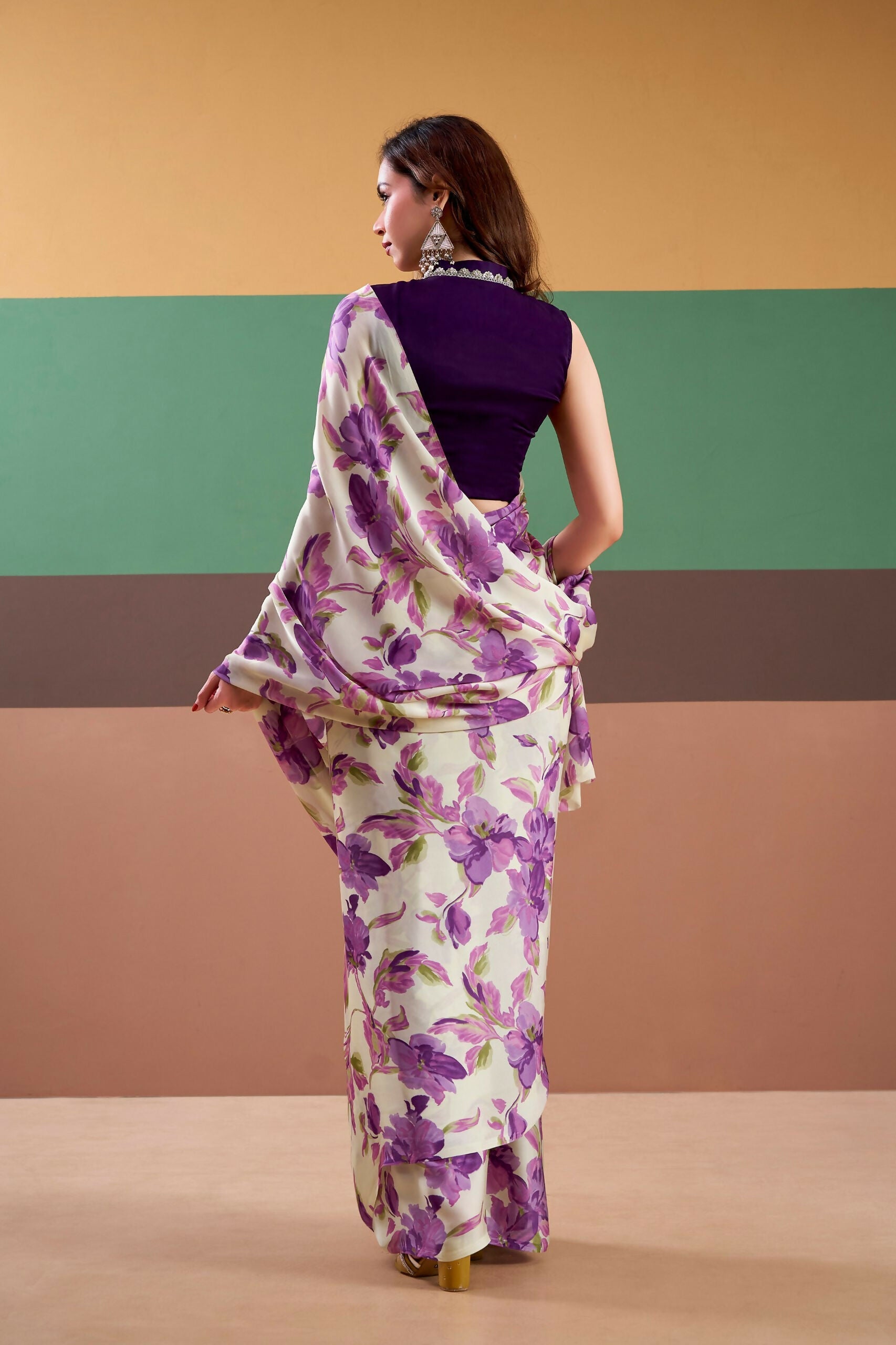 Vastranavya Purple Satin Silk Floral Printed Saree with Stitched Blouse - Distacart