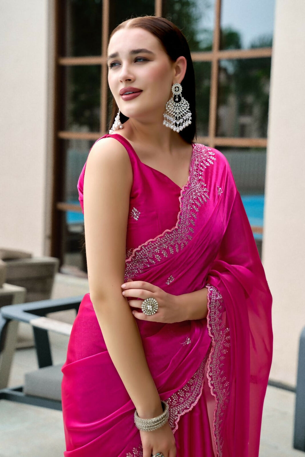 Vastranavya Pink Embroidery Work Shimmer Chiffon Saree with Unstitched Blouse - Distacart