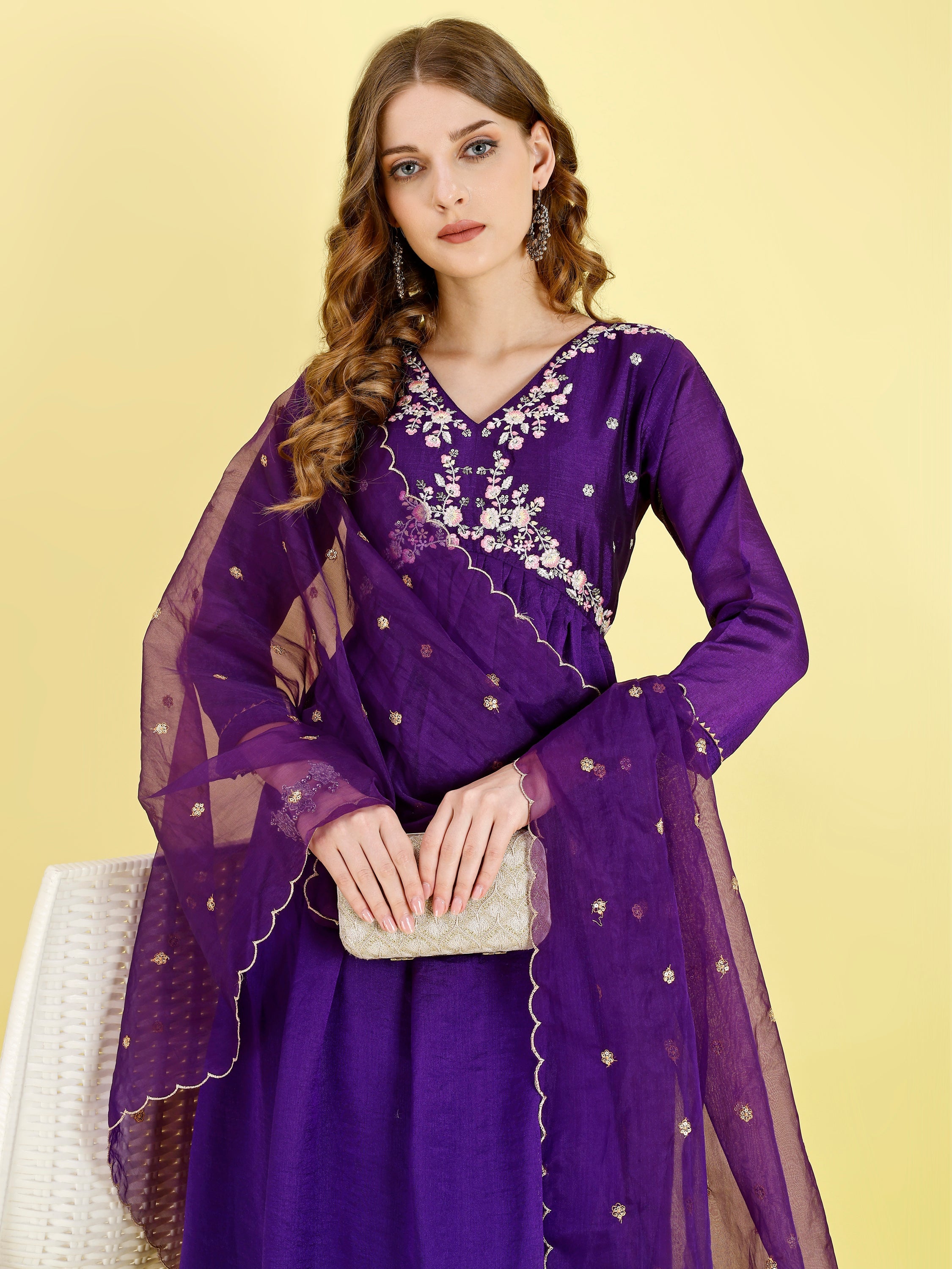 Yash Enterprise Violet Vichitra Silk Embroidery Party Wear Suit Set - Distacart