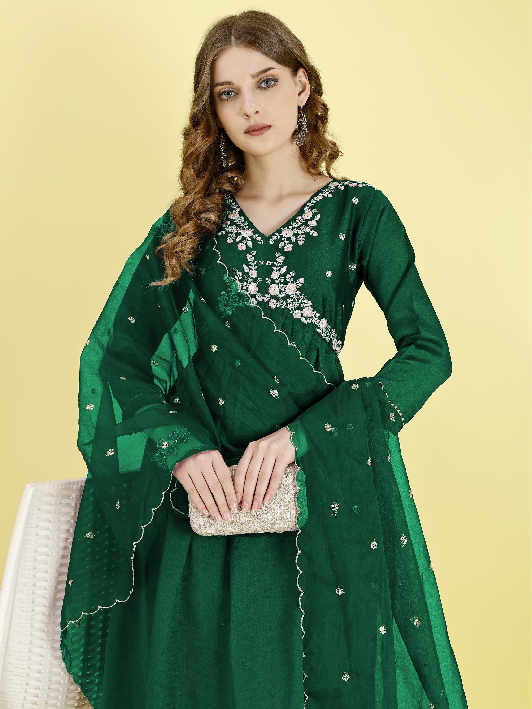 Yash Enterprise Green Vichitra Silk Embroidery Party Wear Suit Set - Distacart