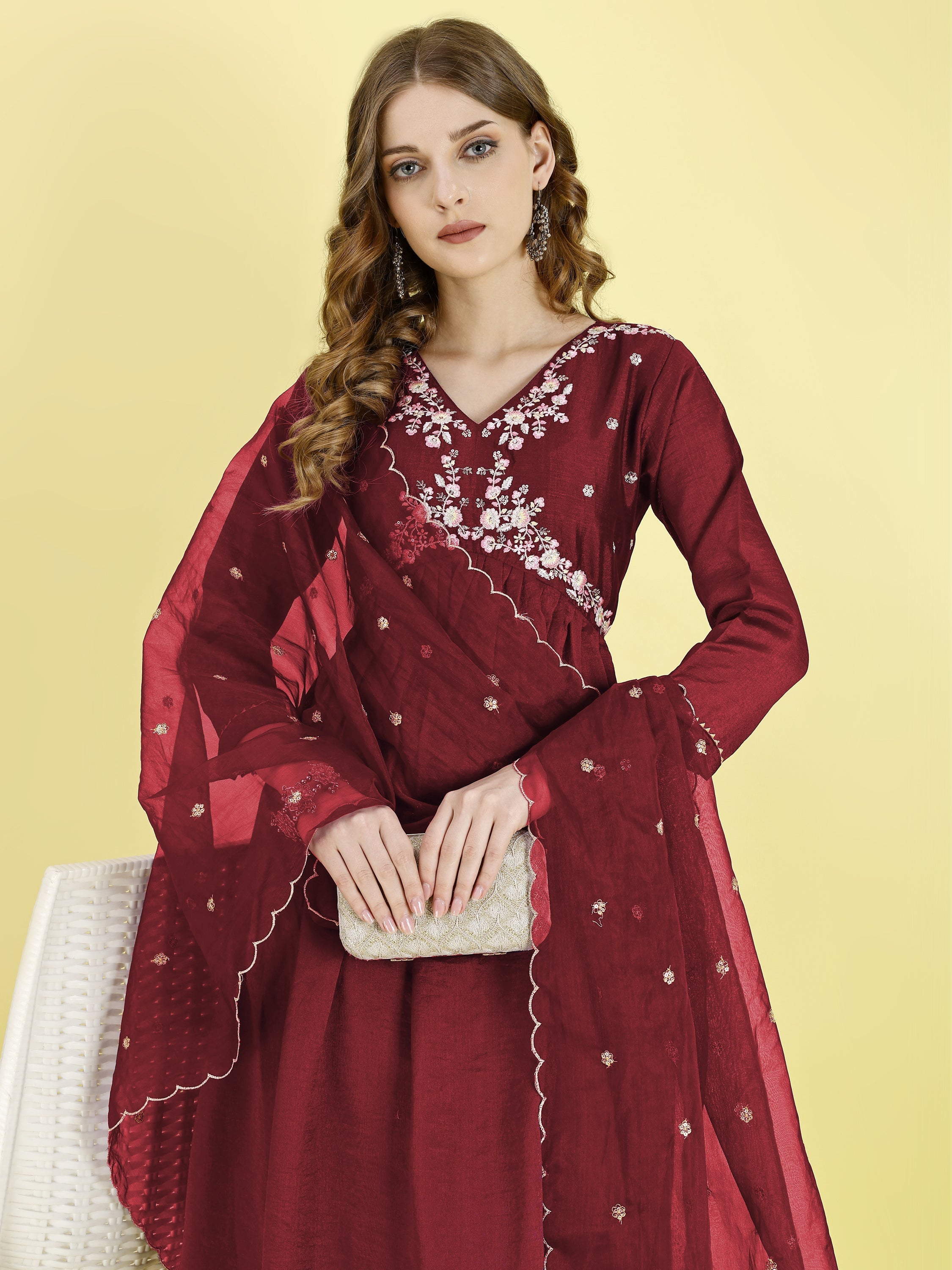 Yash Enterprise Maroon Vichitra Silk Embroidery Party Wear Suit Set - Distacart