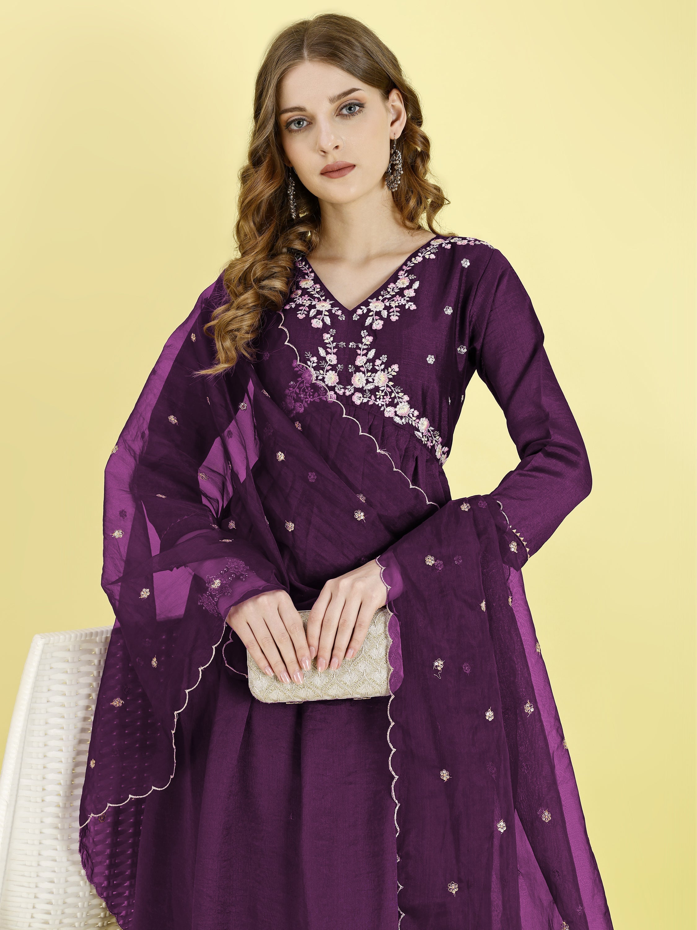 Yash Enterprise Wine Vichitra Silk Embroidery Party Wear Suit Set - Distacart