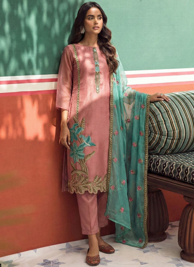 Vegaa Fashion Peach Organza Fancy Zari Party Wear Suit - Distacart