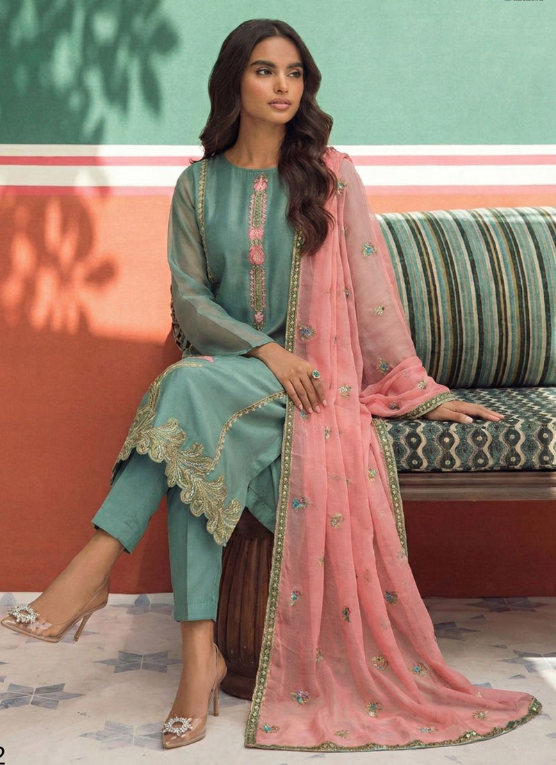 Vegaa Fashion Sky Blue Organza Fancy Zari Party Wear Suit - Distacart