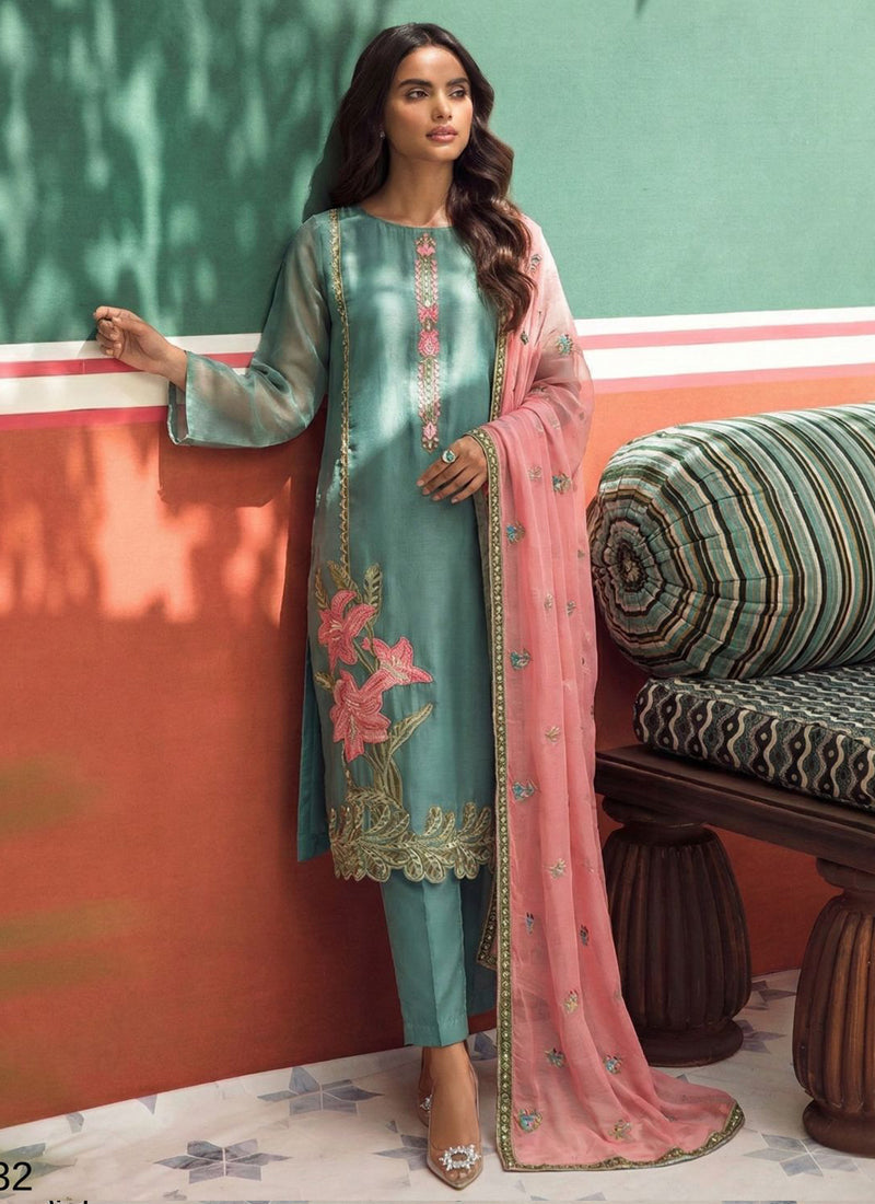 Vegaa Fashion Sky Blue Organza Fancy Zari Party Wear Suit - Distacart
