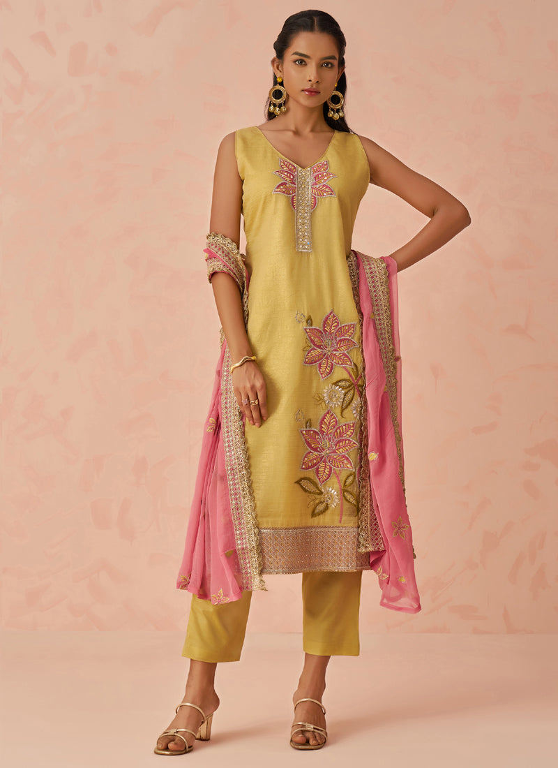 Vegaa Fashion Yellow Fancy Crush Embroidered Salwar Suit - Distacart