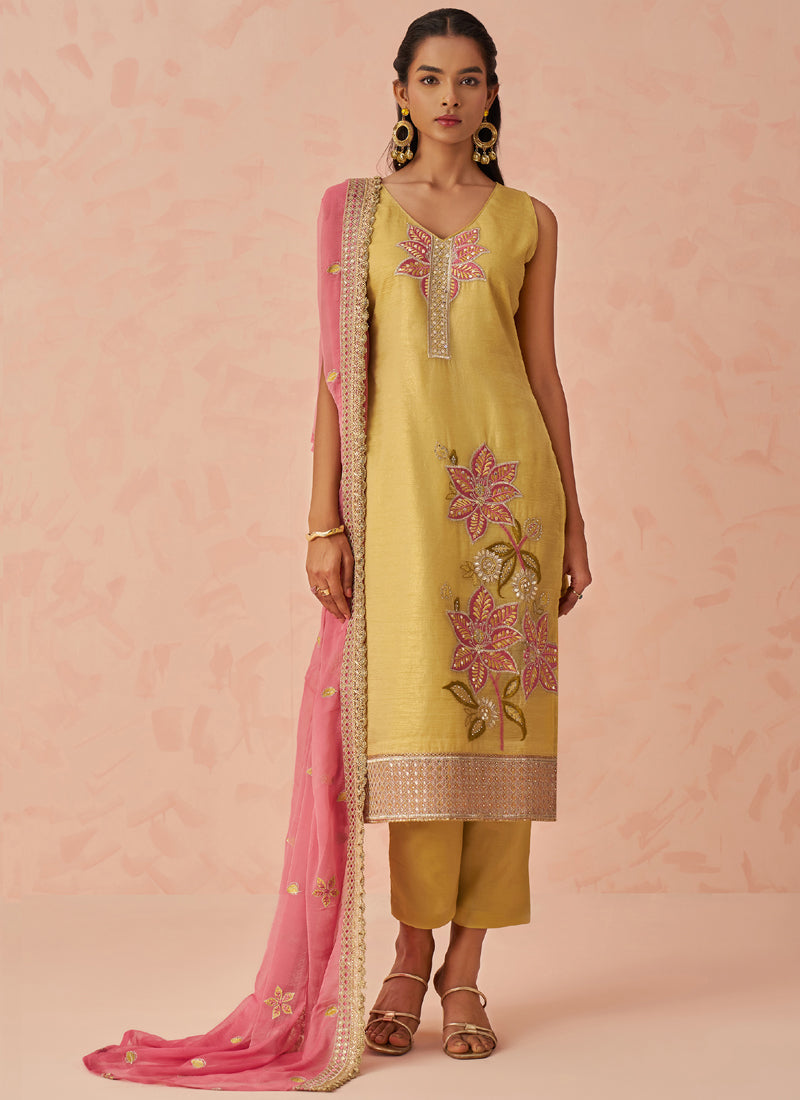 Vegaa Fashion Yellow Fancy Crush Embroidered Salwar Suit - Distacart